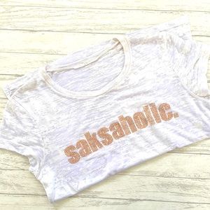 SAKS "SAKSAHOLIC' White Heather Rhinestone Short sleeve Tee Shirt, Small
